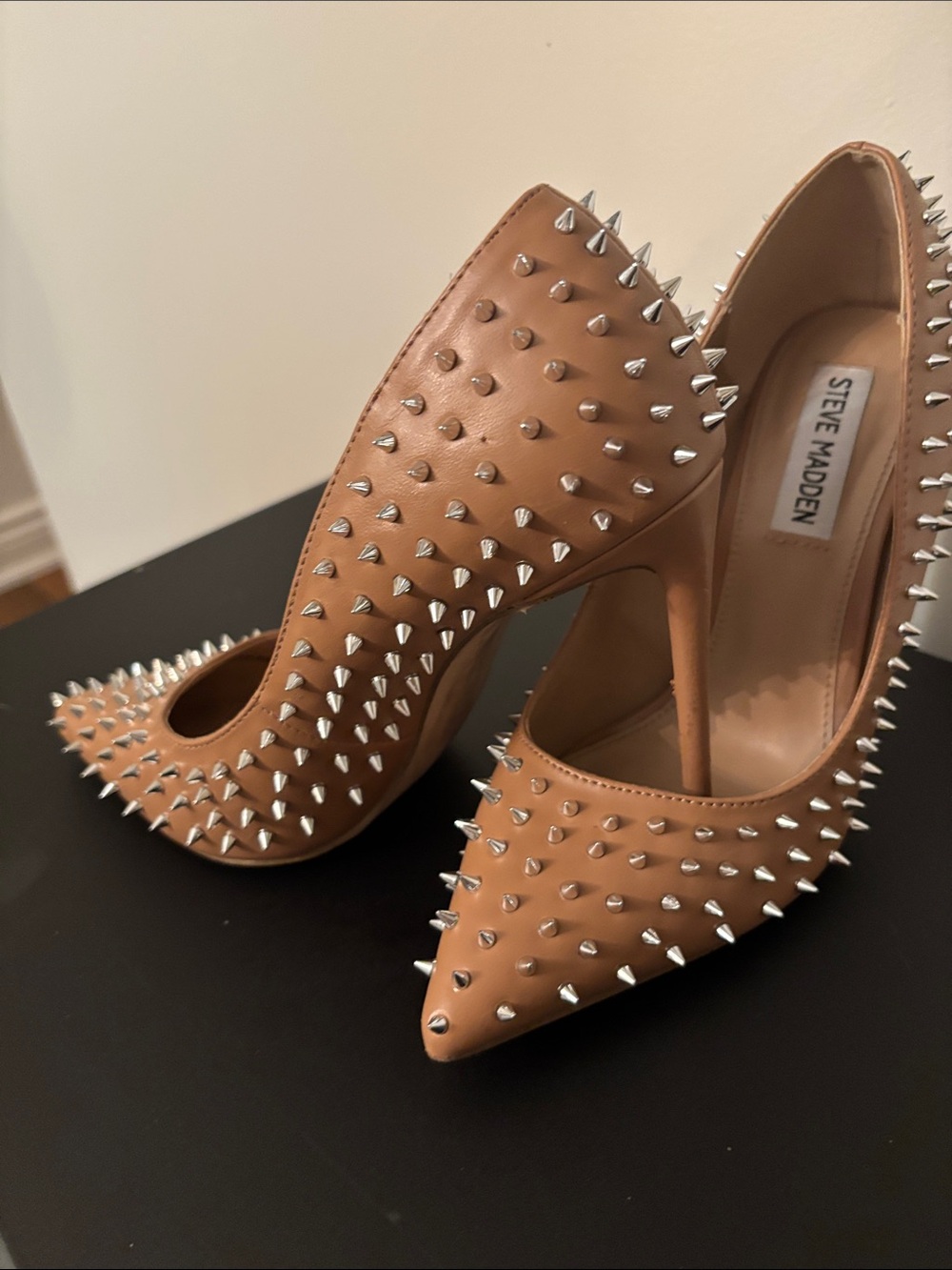 Steve Madden Tan Leather Pointed-Toe Stiletto Heels with Silver Spikes